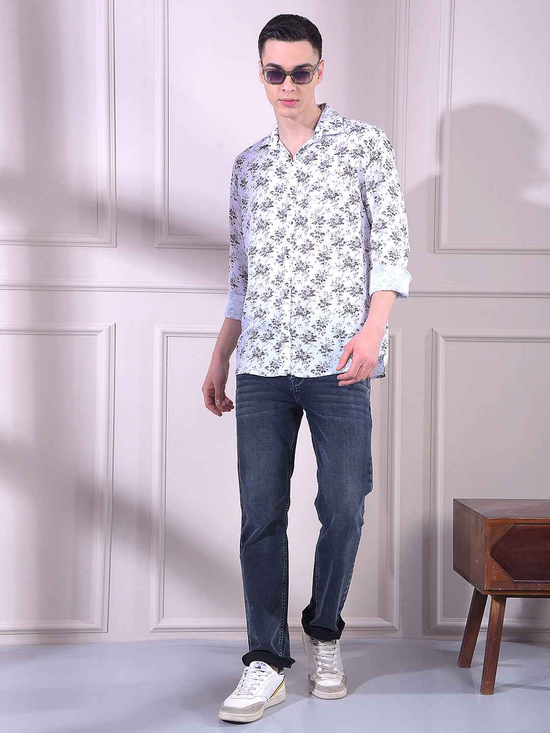 White Linen Floral Print Shirt