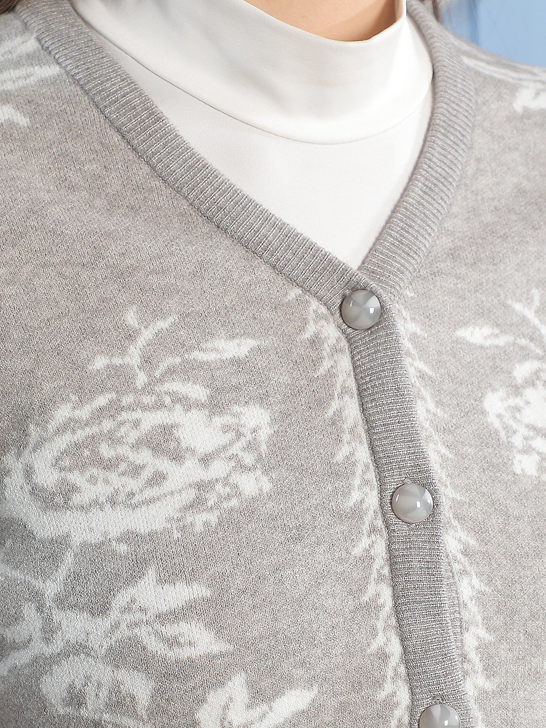 Grey Floral Print V-neck Cardigan