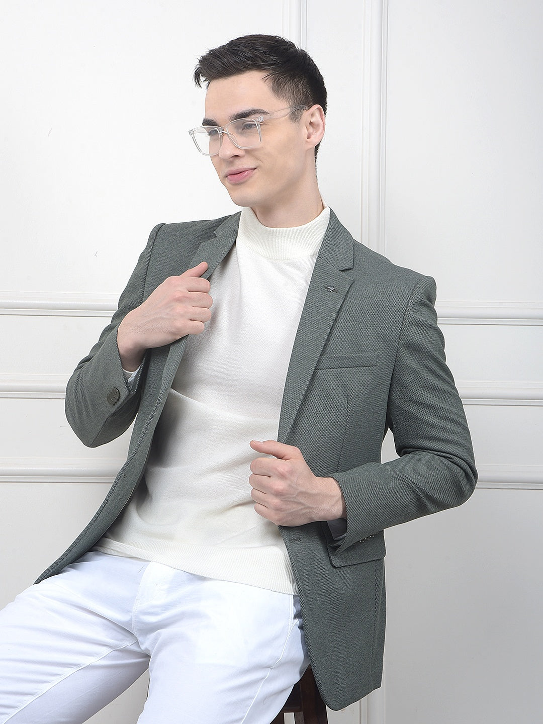 Green Notched Lapel Single Breasted Blazer