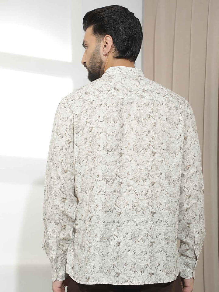 Beige Floral Print Linen Kurta