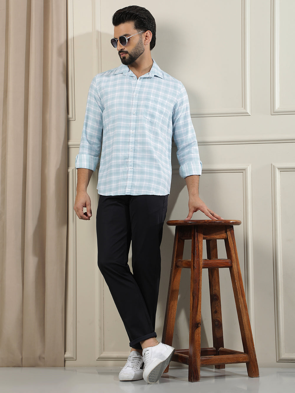 Sleek Azure Blue Checked Shirt