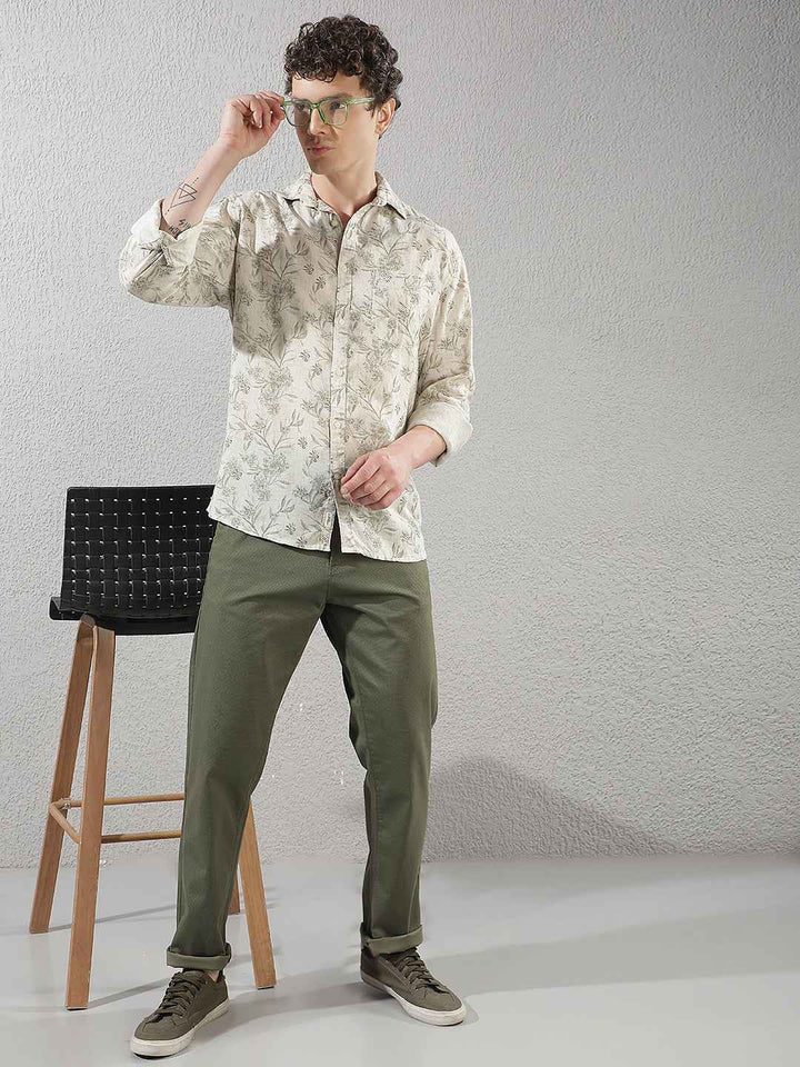 Linen Olive Floral Print Shirt