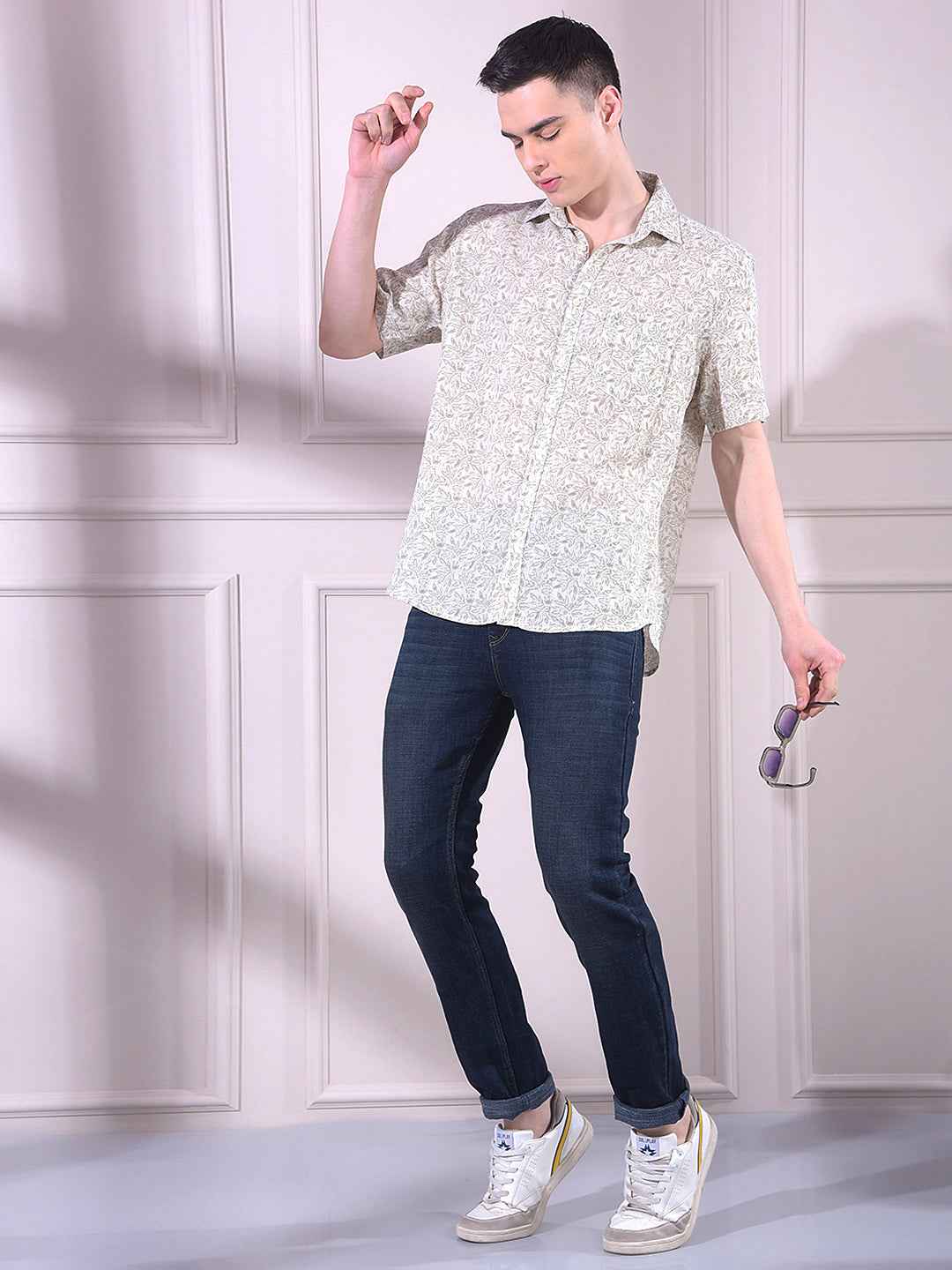 Olive Linen Floral Print Shirt