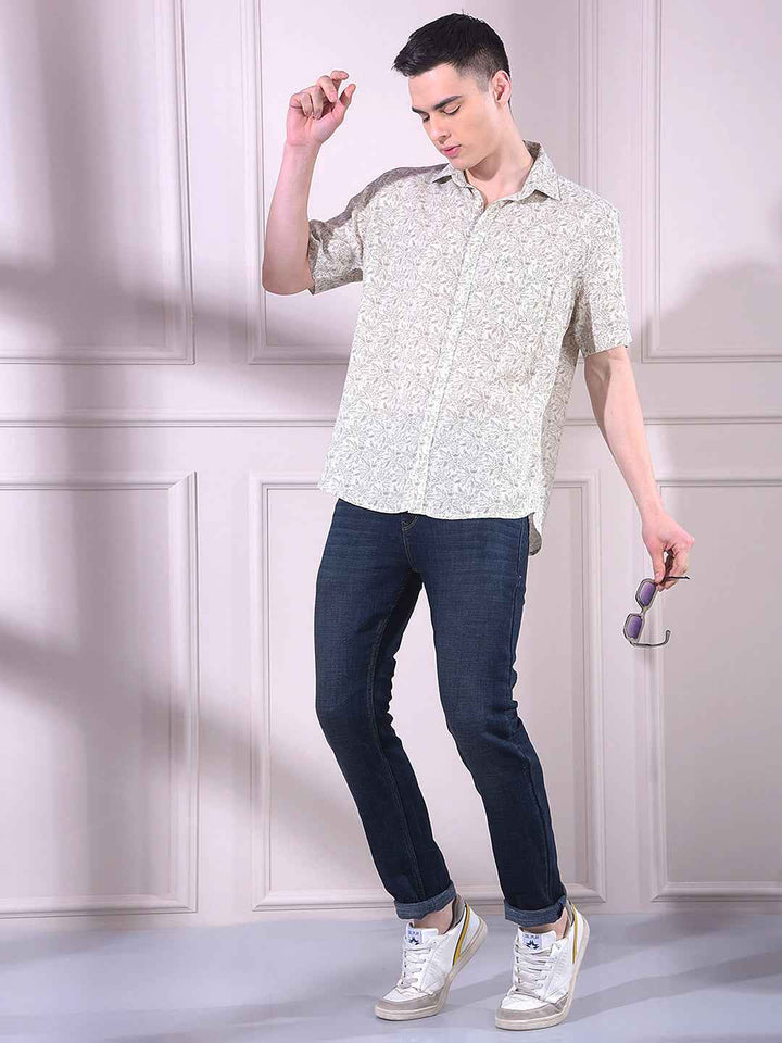 Olive Linen Floral Print Shirt