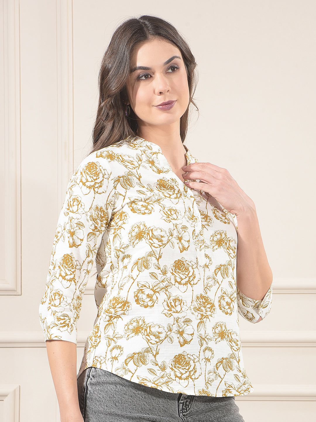 Olive Floral Print V-Neck 100% Cotton Top
