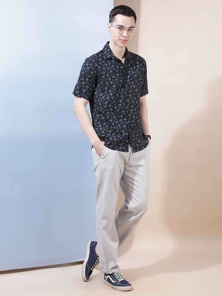 Navy Blue Floral Print Shirt