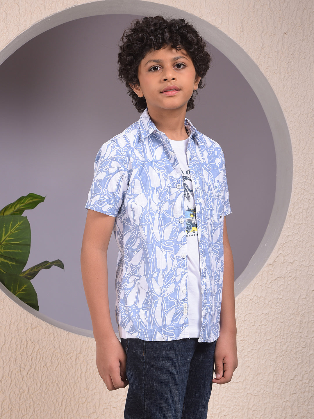 Blue Printed 100% Cotton Shirt & Tee Set Layered Look