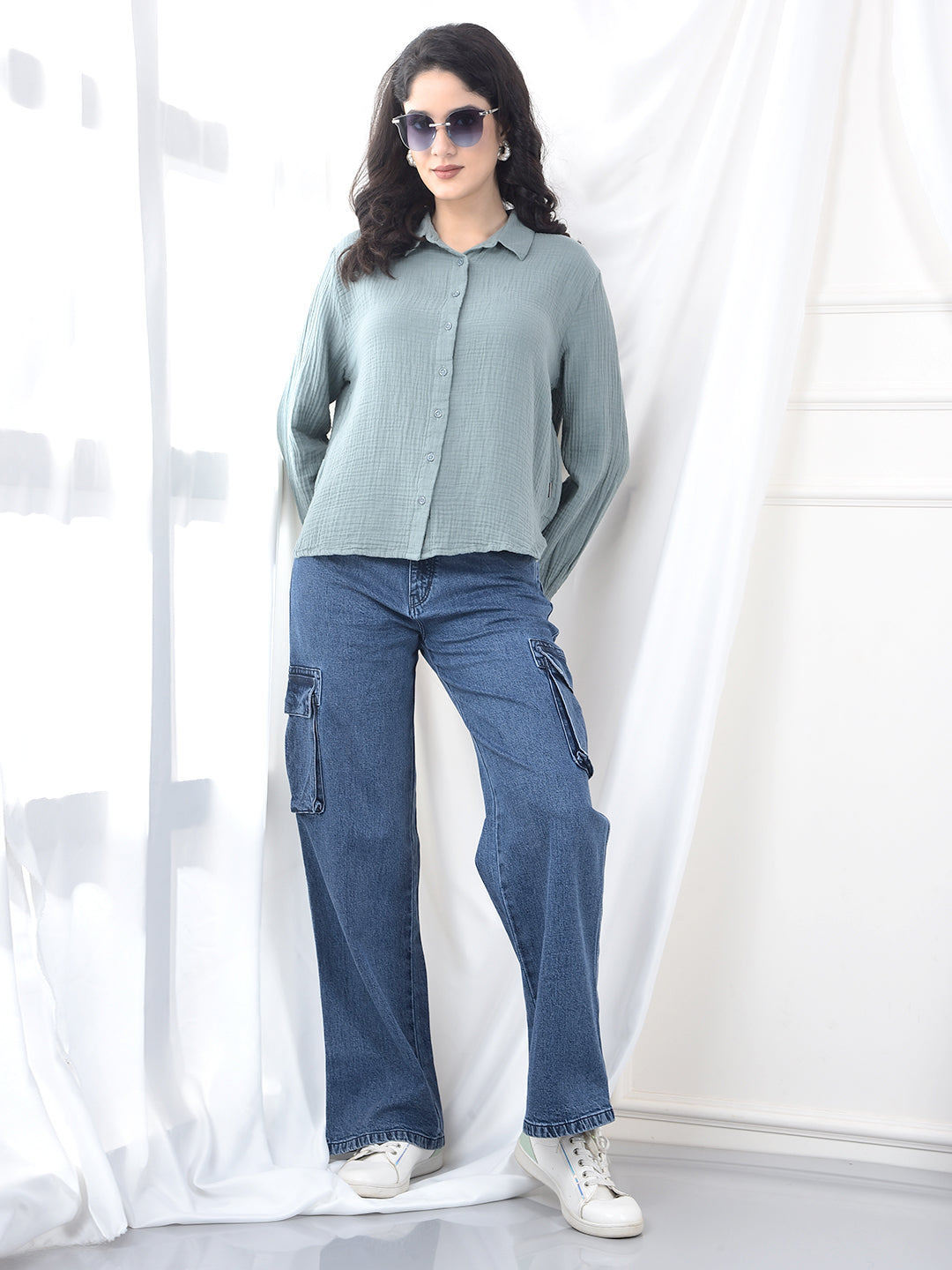 Blue Wide Leg 100% Cotton Cargo Jeans