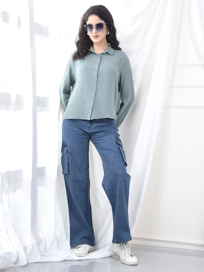 Blue Wide Leg 100% Cotton Cargo Jeans