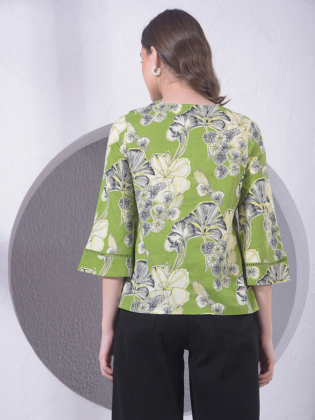 Green Floral Print V-Neck Top