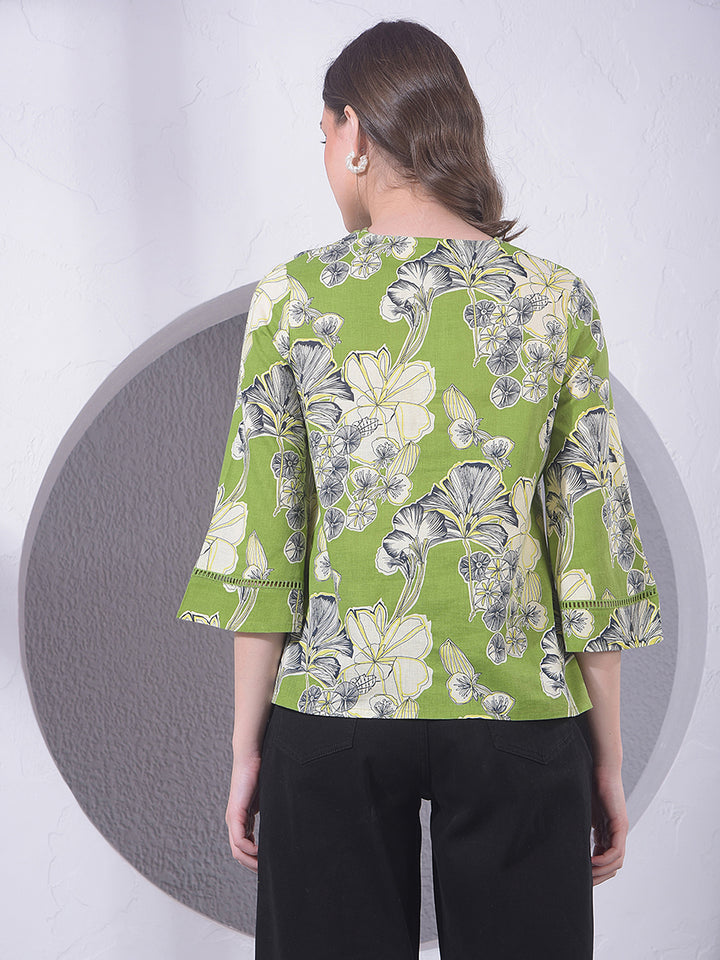 Green Floral Print V-Neck Top