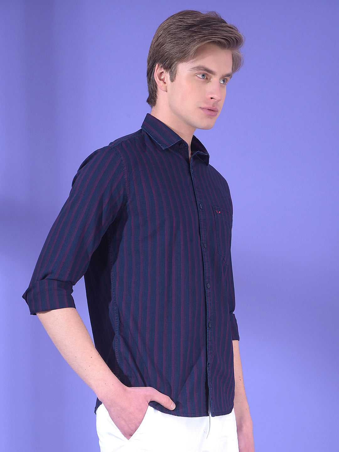 Navy Blue Vertical Stripes 100% Cotton Shirt