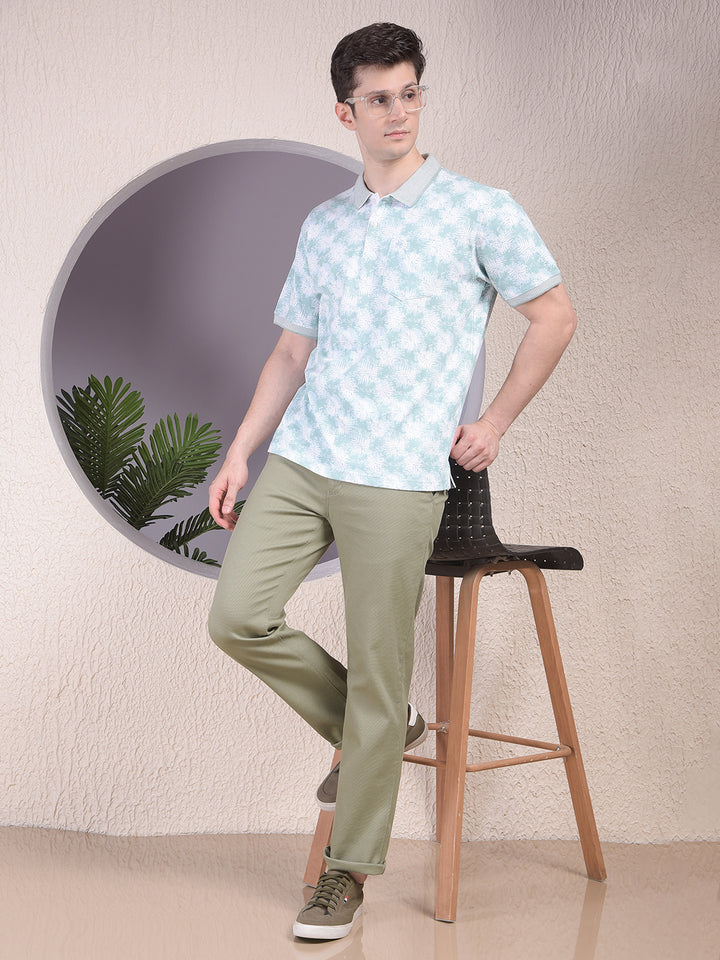 Green Printed Polo Neck 100% Cotton T-Shirt