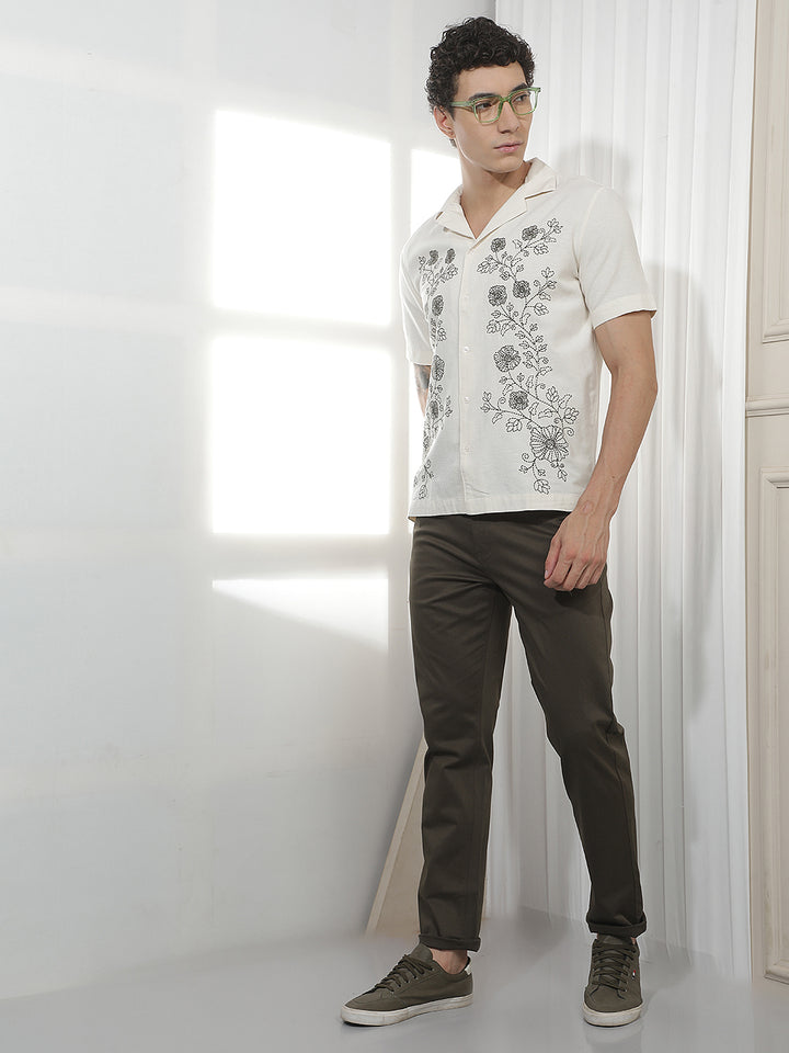 Beige Floral Cuban Collar Linen Shirt