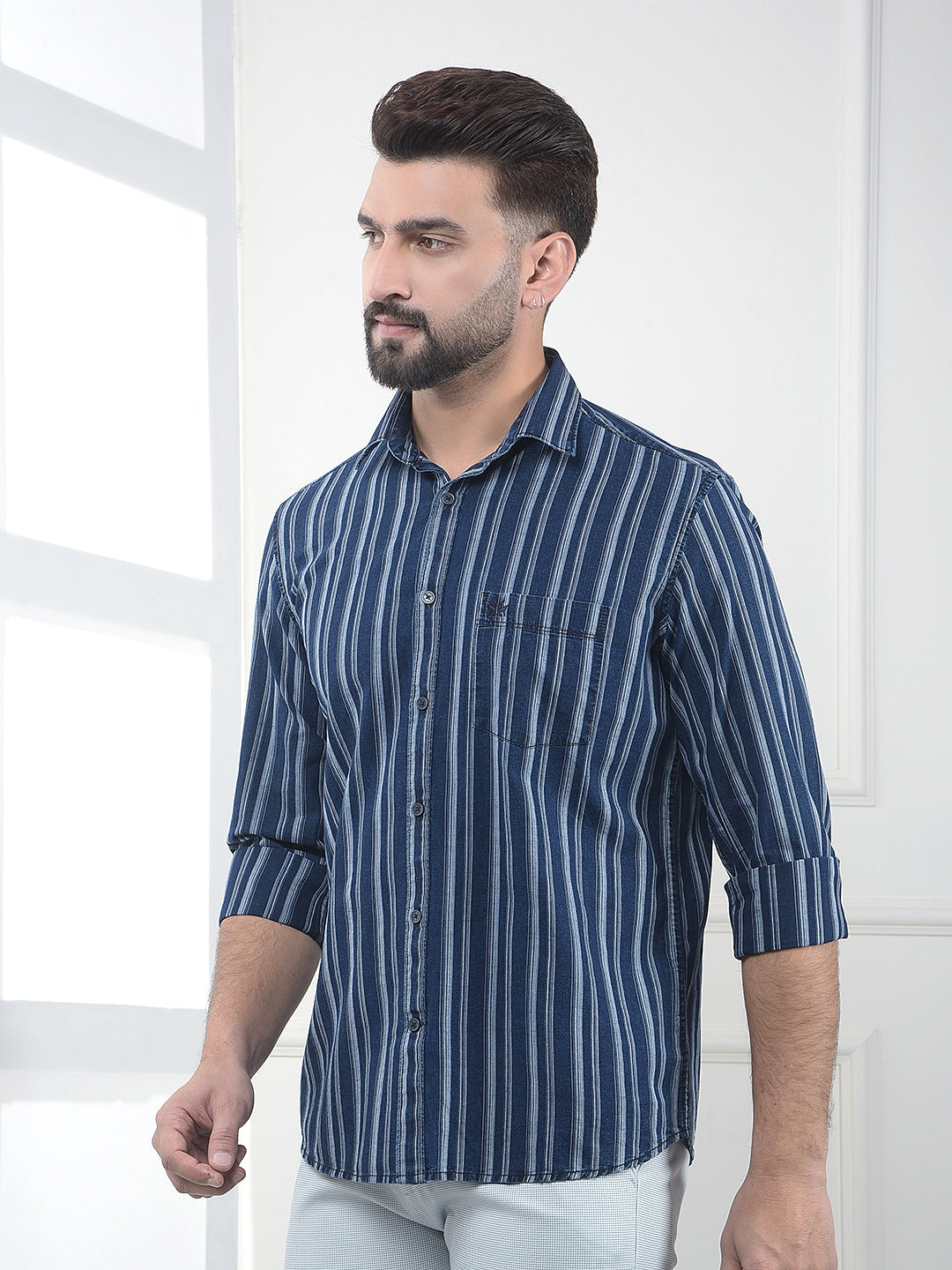 Navy Blue Vertical Striped 100% Cotton Shirt