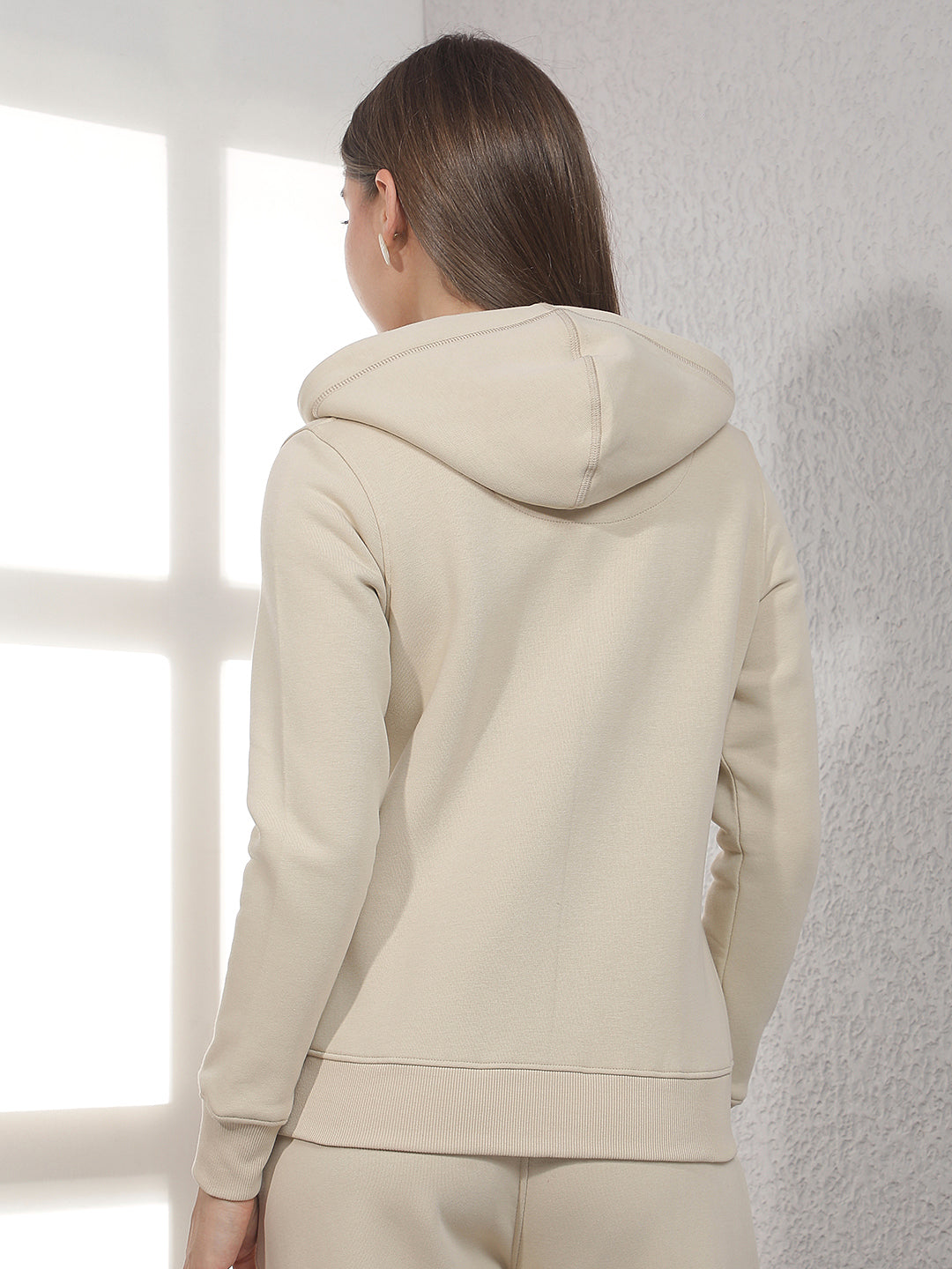 Beige Hooded Front-Open Sweatshirt