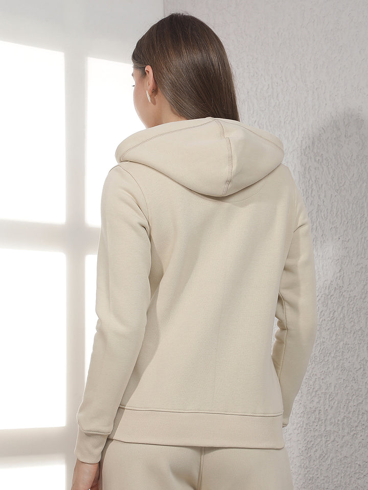 Beige Hooded Front-Open Sweatshirt