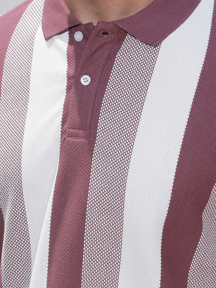 Purple Vertical Striped Polo Neck T-Shirt