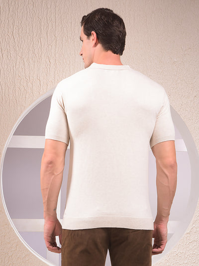 Beige Vertical Stripes Polo Neck T-Shirt