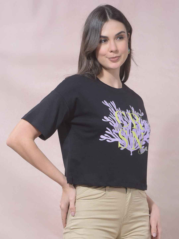 Black Botanical Print Cropped T-Shirt