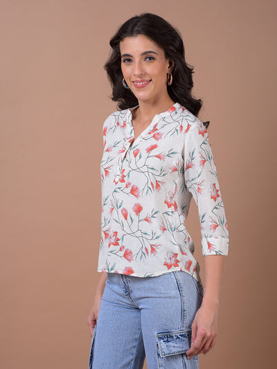 Green Floral Print V-Neck Linen Top
