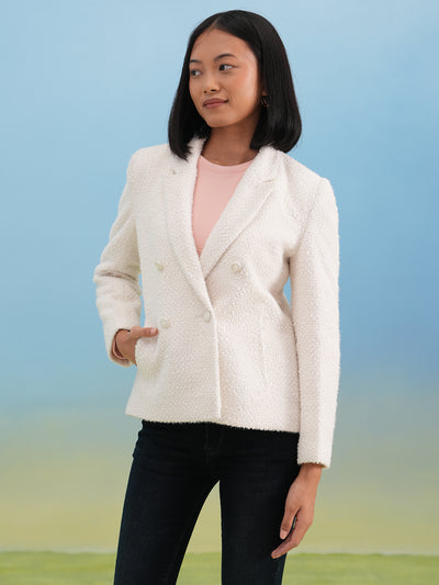 White Jacquard Notched-Lapel Coat