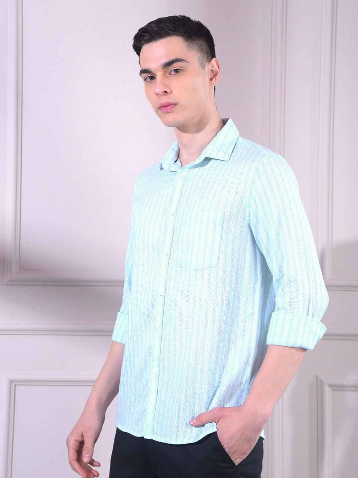 Green 100% Cotton Vertical Stripes Shirt
