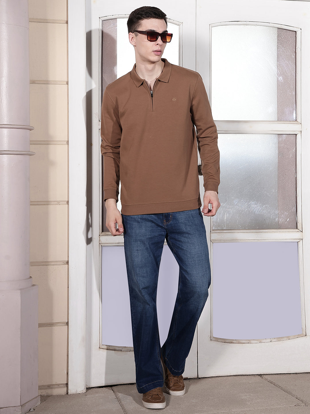 Brown Polo Neck Front Open Sweatshirt