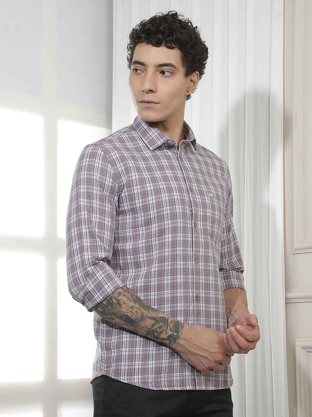 Purple Checked 100% Cotton Shirt