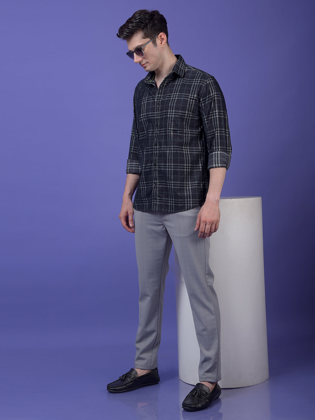 Black Checked 100% Cotton Corduroy Shirt