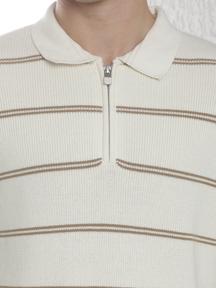 White 100% Cotton Horizontal Stripes Polo Neck Sweater