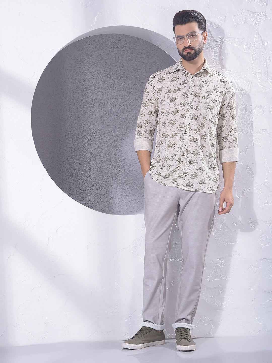 Beige Floral Print Linen Shirt