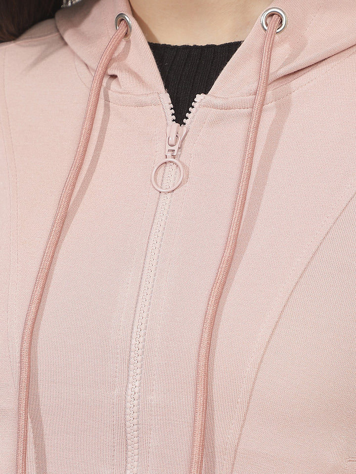 Pink Hooded Cropped Front-Open Sweatshirt