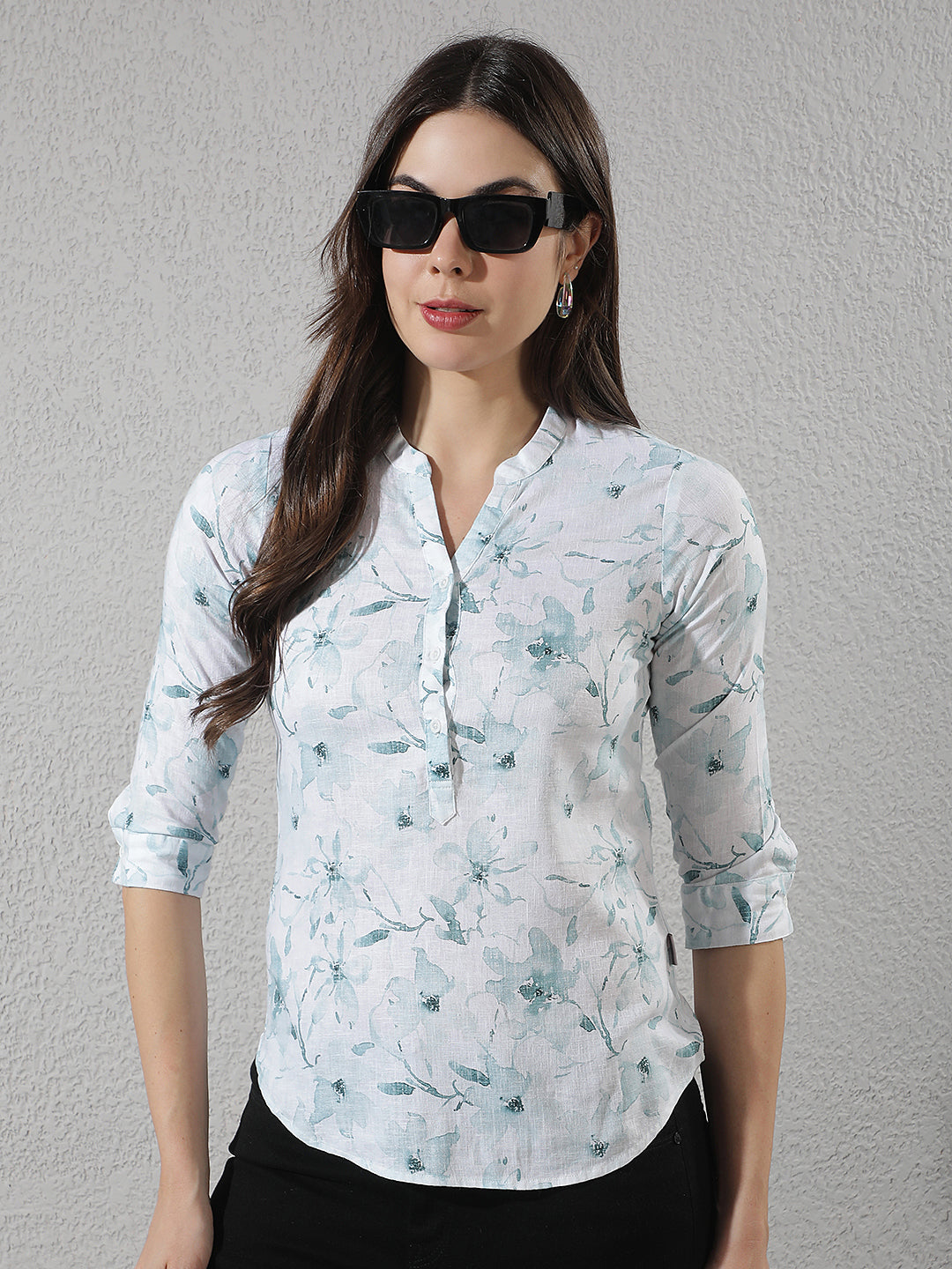 Green Floral Print V-Neck Linen Top