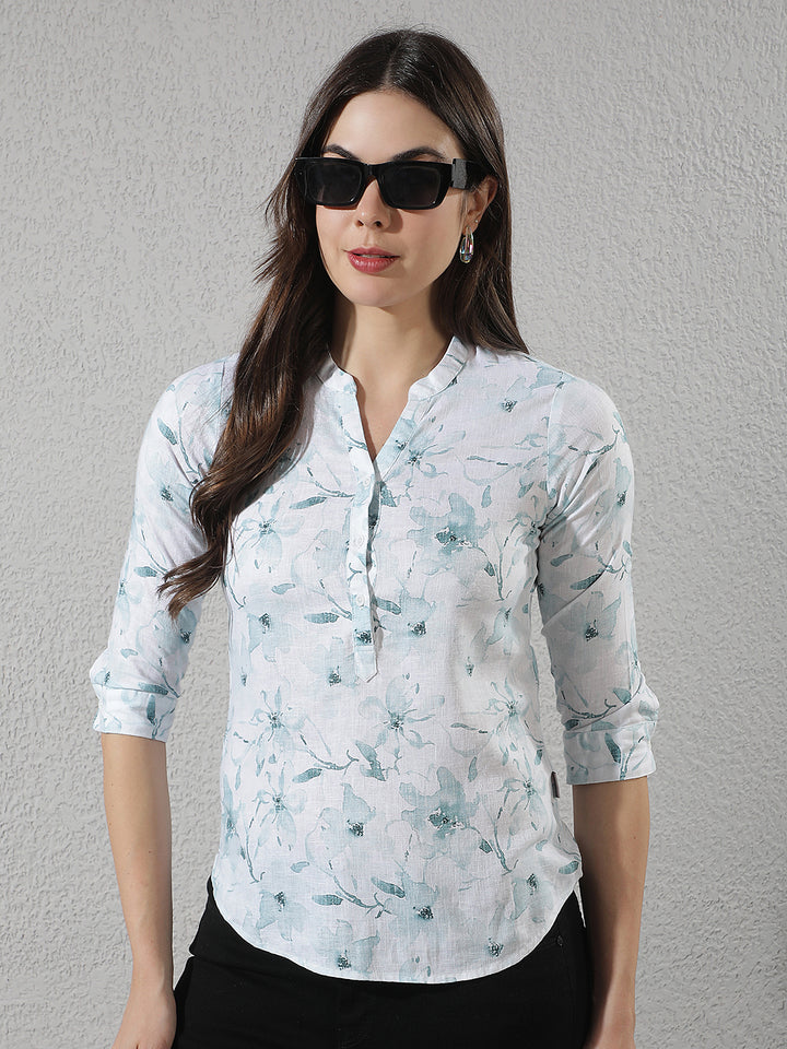 Green Floral Print V-Neck Linen Top