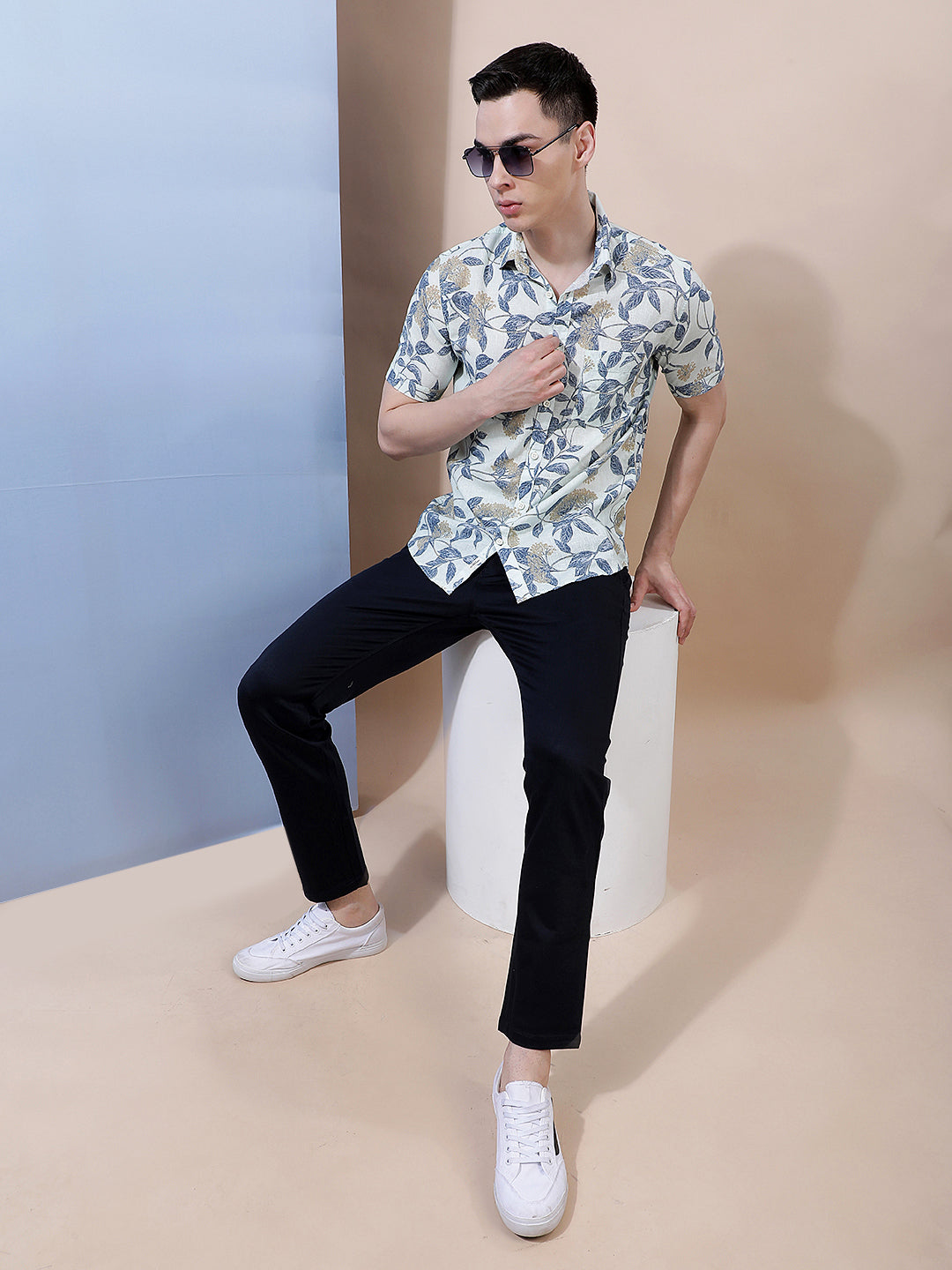 Blue Floral Print Linen Shirt