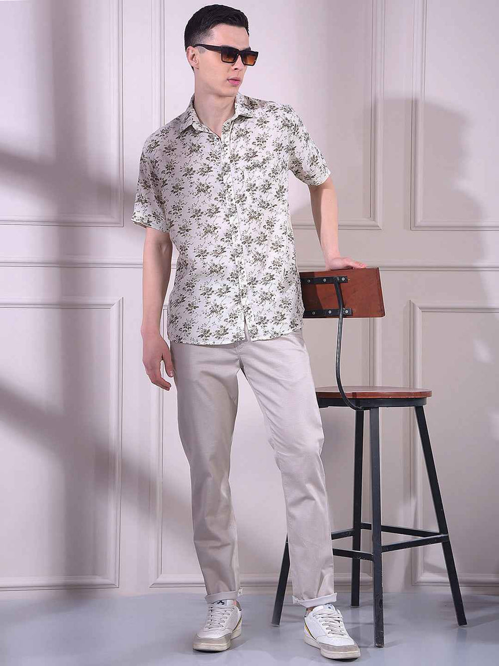 Beige Linen Floral Print Shirt