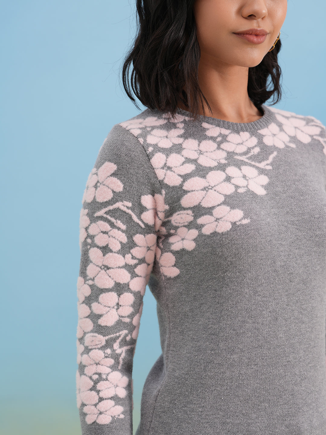 Grey Pink Floral Knit Sweater