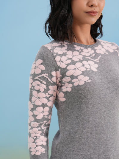 Grey Pink Floral Knit Sweater