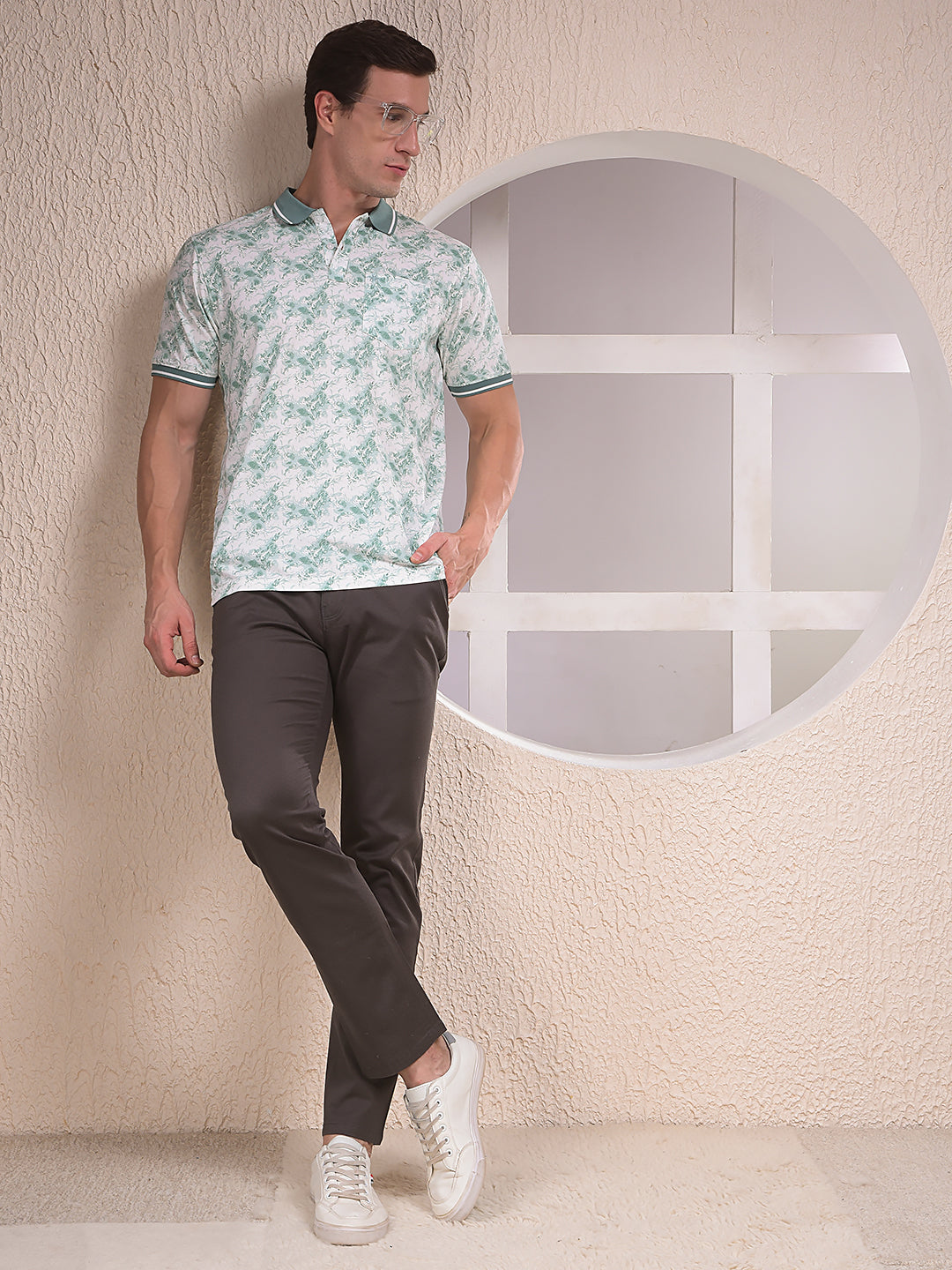 Green Floral Print Polo Neck T-Shirt