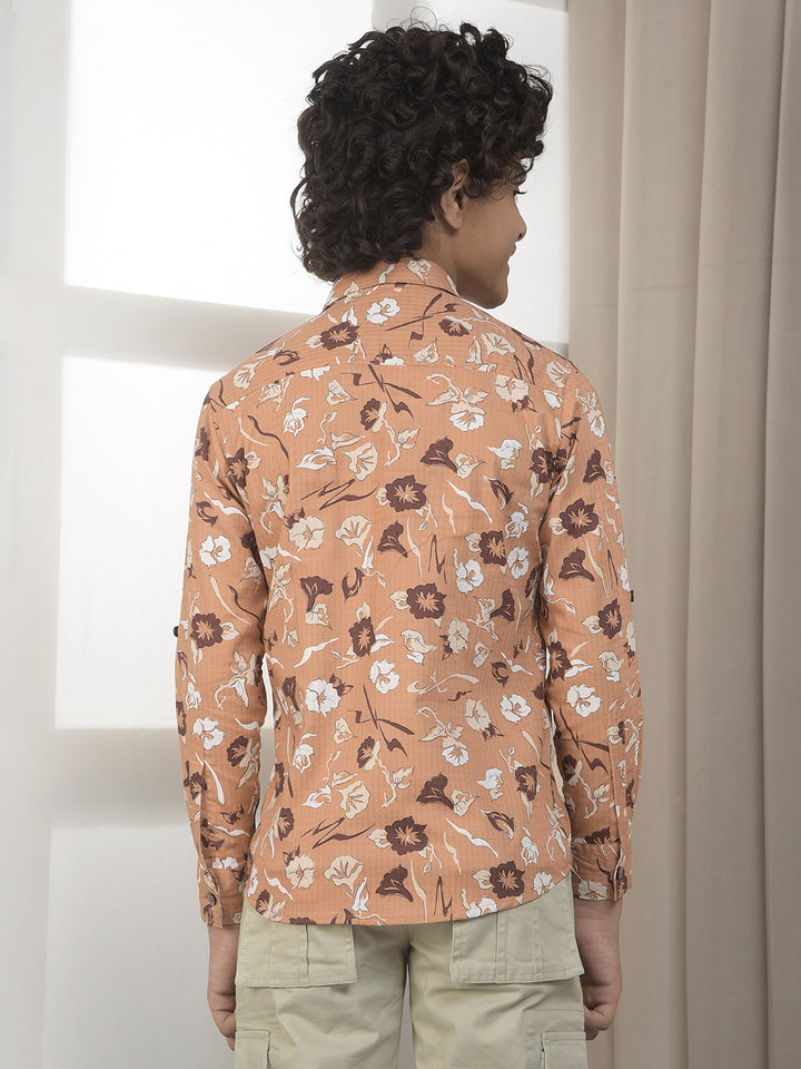 Brown Cotton Floral Print Shirt
