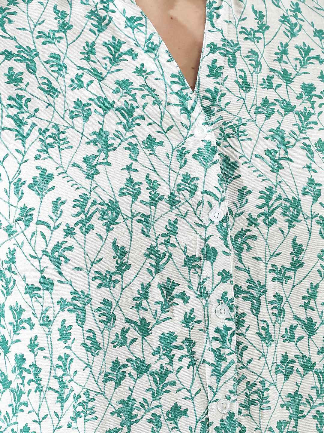 Green Floral Print V-Neck Shirt