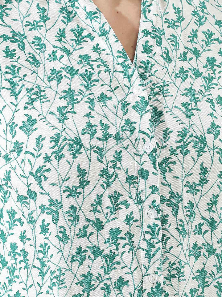 Green Floral Print V-Neck Shirt