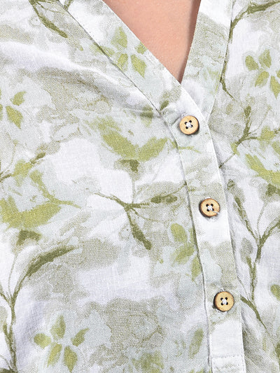 Green Floral Print V-Neck Linen Top