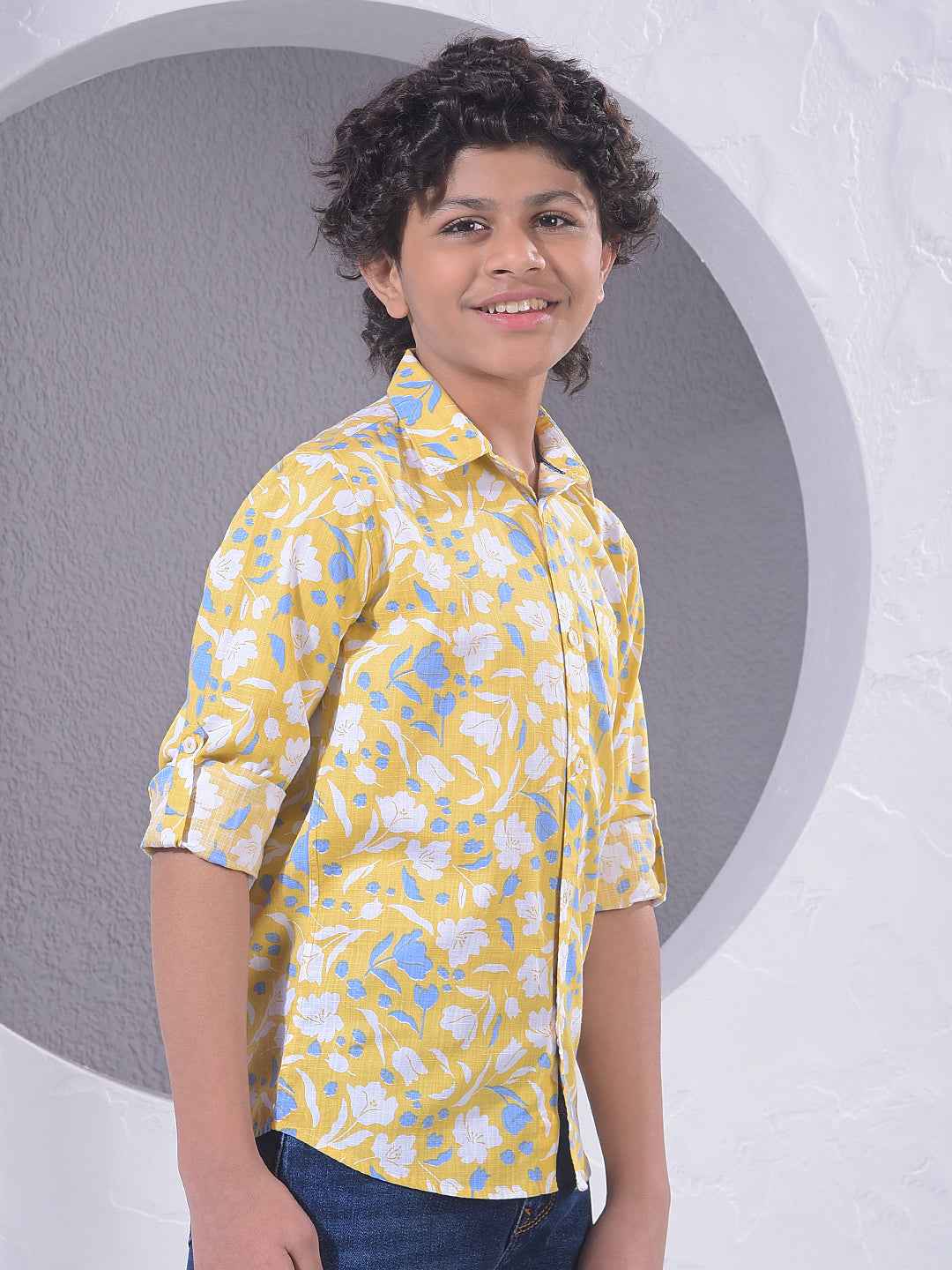 Yellow Floral Print 100% Cotton Shirt