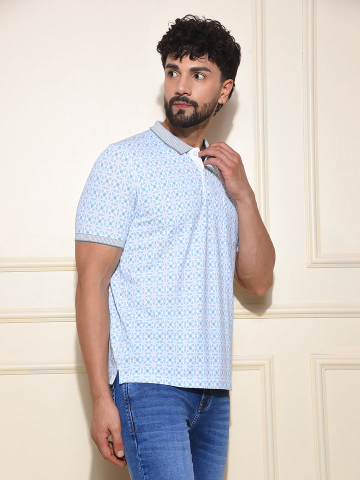 Blue Printed Polo-Neck T-Shirt