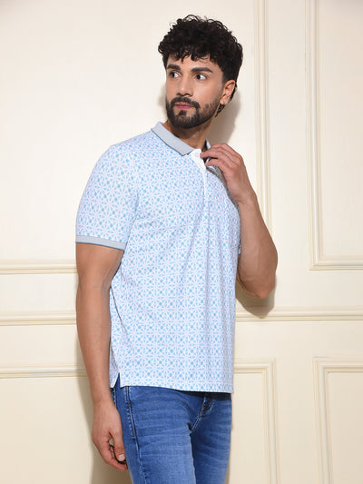 Blue Printed Polo-Neck T-Shirt