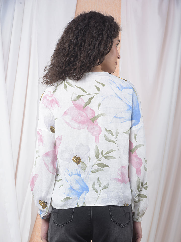 Printed Linen V-Neck Green Shirt
