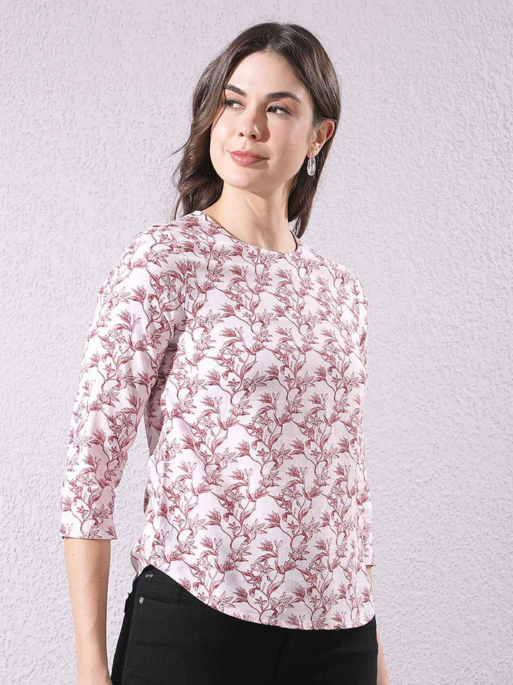 Pink Linen Round Neck Floral Printed Top