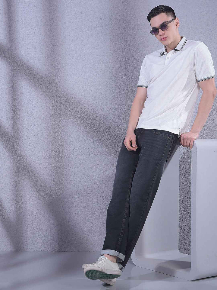 White Jacquard Polo Neck T-Shirt